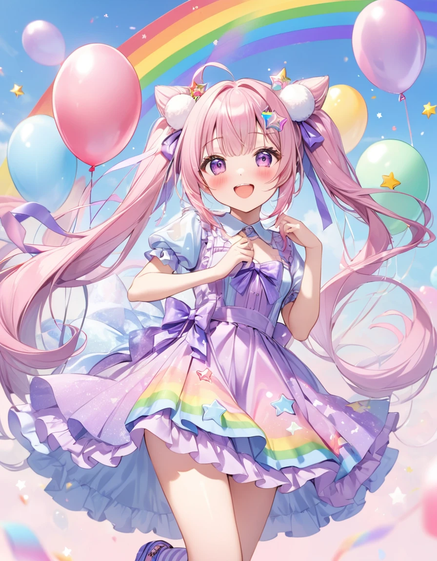 (whole body, legs and shoes visible: 1.2)) Expressive eyes, One girl, Pale skin, Long Hair, Windblown Hair, ((absurdly Long Hair)), Long Side Lock, Princess bangs, Hair bangs, Hair Bun, ((Very long twin tails)), Rainbow Hair, Light pink hair, blush, full face blush, big sparkling Pastel Purple eyes, (Gradient Eye), Laughing with your mouth open, cute pose, ((Holding a balloon : 1.3)) ((cute and pastel fashion)) ((🦄🎠🎈🎉 theme : 1.4)) A loose pastel dress, ((Dreamy multi-colored open dress)), (Floating ribbon), Lavender Frill, Pink frills, (Light blue lace), Removable short sleeves, Fluffy skirt, ((Rainbow and star printed skirt : 1.3)), ****ta Skirt, Purple ribbon, ((pom pom ribbon hair ornament : 1.4)), Multiple Bows, Striped lace stockings, (heart型のレッグガーター), cute (Pastel Purple) shoes ((Ultra-detailed clothing and fashion)) I&#39;m watching you, Vintage Girl, blush, (Beautiful attention to detail), (Highly detailed CG Unity 8k wallpaper) (Best Shadow), ((Very delicate and beautiful)), (Detailed light), ((Depth of written boundary)) Big Head, Big, bright eyes, Moe, Splash Art, Cinema Lighting, Front view, volumetric lighting maximalist photo illustration k resolution high resolution intricate detailed complex key visuals precise linear ((Dreamy pastel sky background, Surrounded by sunset clouds, shooting star, Castle above the clouds)) ((Ultra-detailed landscapes, Foggy clouds, Hung by balloons, heart : 1.3))