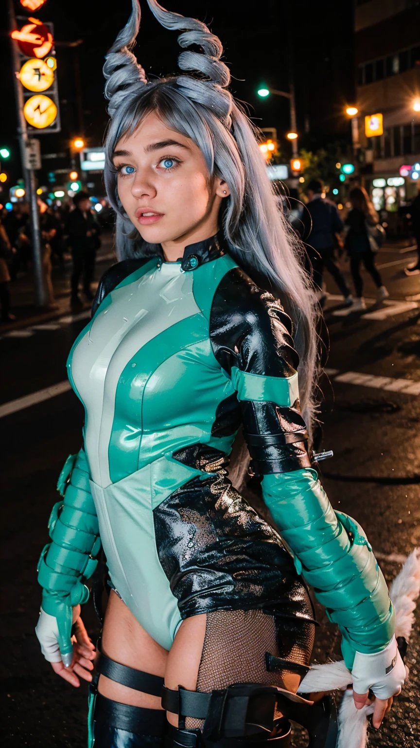 Masterpiece, Best quality, (photorealistic1.4), (UHD), (big breast), (flashphoto), (flash photography), (European model), (young woman), (JenniferConnelly90), (Tokyo Street), (epiCRealLife:1.0), (night time),  (Nejire latex bodysuit), 1girl, solo, long hair, blue eyes, (blue hair), (hair bangs), (drill hair, twin drills), (Nejire Hairstyle), hair horns, very long hair , light blue hair, (Nejire gloves), (cowboy shots), (look at viewers), 