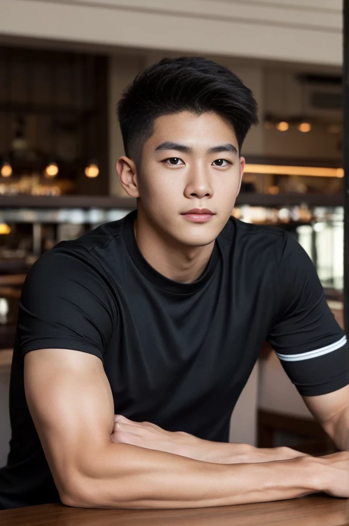 ((realistic daylight)) , Young Korean man in only a black sports shirt, no stripes, and jeans., A handsome, muscular young Asian man looks at the camera.  , in the restaurant ,turn sideways