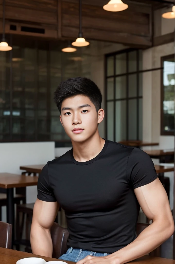 ((realistic daylight)) , Young Korean man in only a black sports shirt, no stripes, and jeans., A handsome, muscular young Asian man looks at the camera. , in the restaurant ,turn sideways