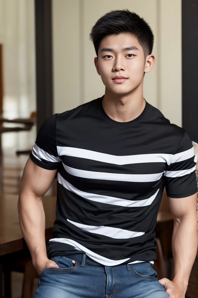 ((realistic daylight)) , Young Korean man in only a black sports shirt, no stripes, and jeans., A handsome, muscular young Asian man looks at the camera. , in the restaurant ,turn sideways