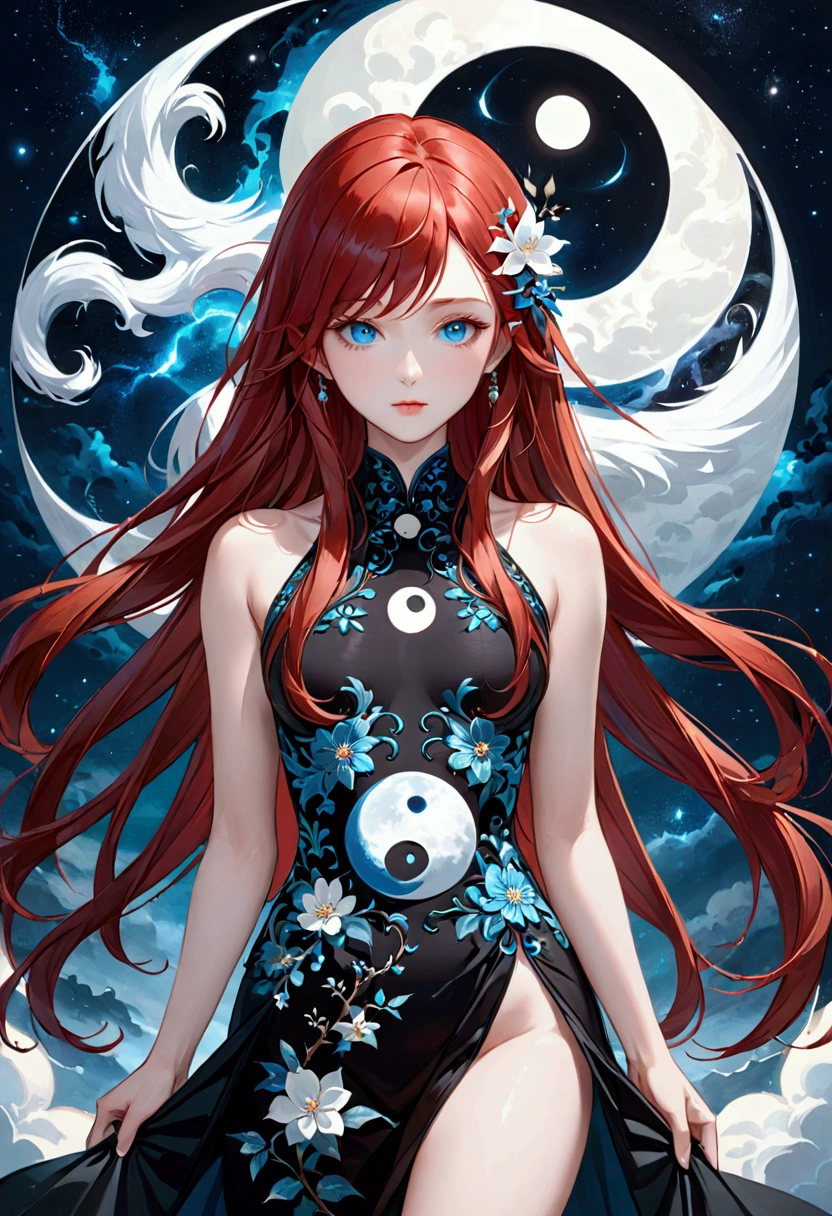 Long red hair,blue eyes,medium sized aesthetic body,elegant,ying yang, 8k