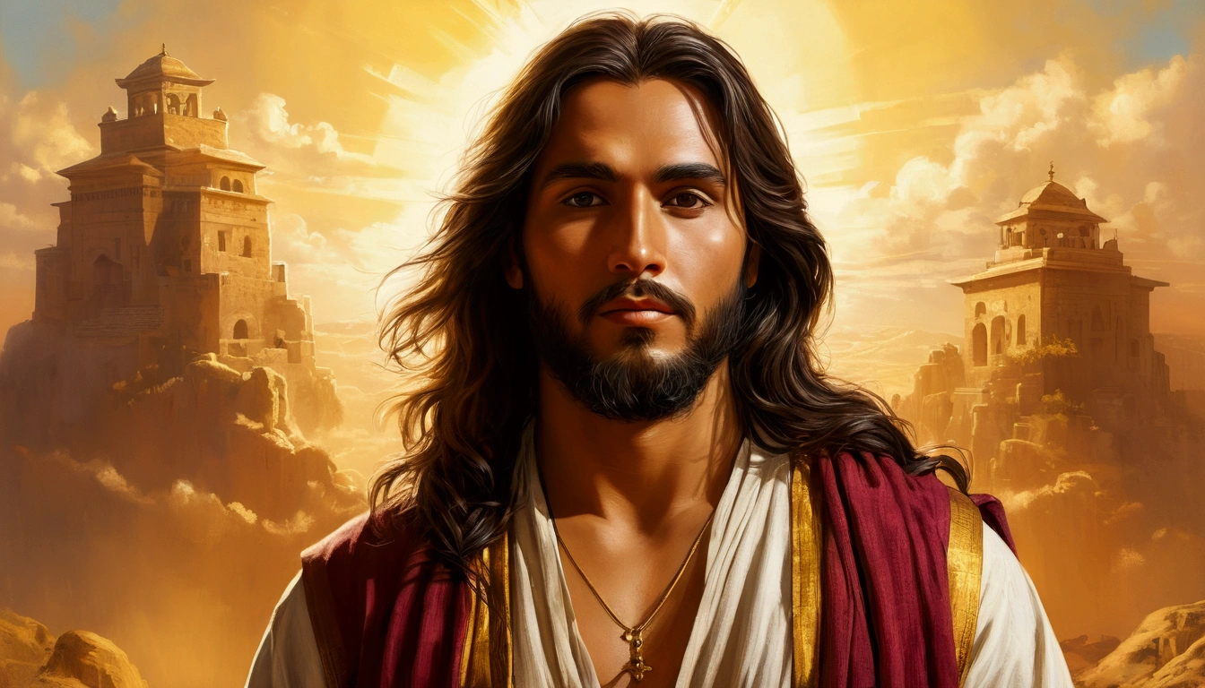 (best qualityer,4K,8k,highres,master part:1.2),ultra detali,(realisitic,Fotorrealisitic,fotorrealisitic:1.37),JesusChrist,Traditional art style,lively and dynamic brushstrokes,Ancient playful scene ,Charismatic expression,Humble Posture,historical portrait,Noble features,ink and wash painting style,finely detailed facial features,dynamic composition,paradisiacal scenery,confident looking,,environment with golden sunlight illuminating the scene,aura angelical,atmospheric perspective,Explosive lighting