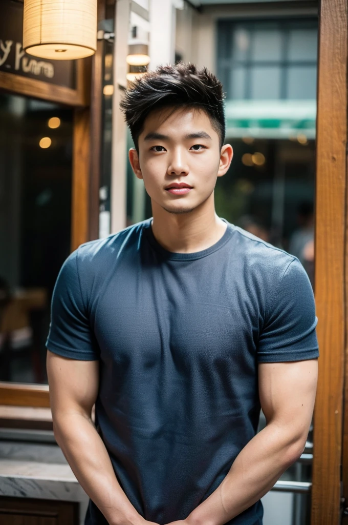 ((realistic daylight)) , Young Korean man in only a polo shirt, no stripes, and jeans., A handsome, muscular young Asian man looks at the camera.  , in the restaurant ,turn sideways, smile
