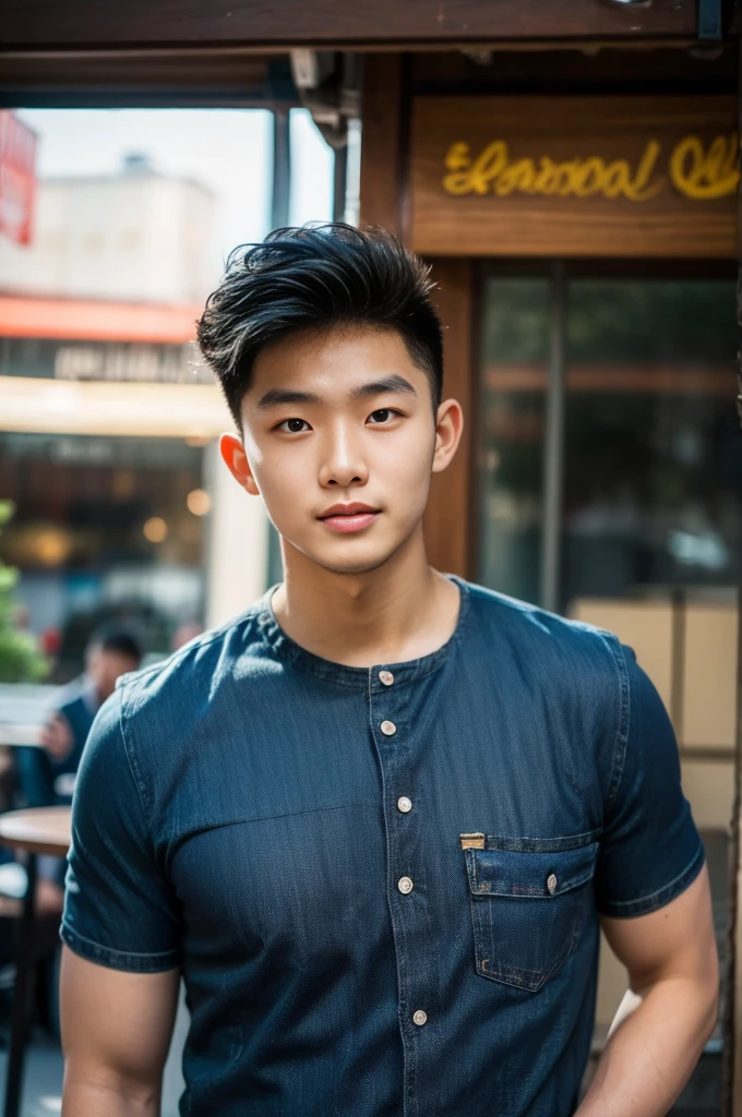 ((realistic daylight)) , Young Korean man in a black t-shirt with no pattern, a denim shirt, and jeans., A handsome, muscular young Asian man looks at the camera. , in a Thai restaurant ,turn sideways