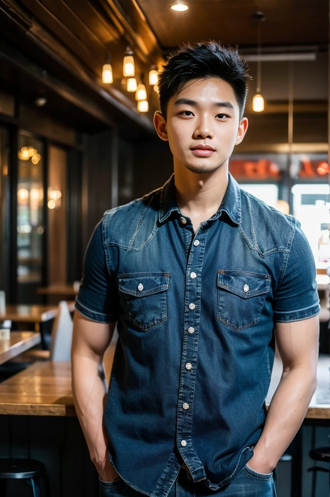 ((realistic daylight)) , Young Korean man in a black t-shirt with no pattern, a denim shirt, and jeans., A handsome, muscular young Asian man looks at the camera.  , in a Thai restaurant ,turn sideways
