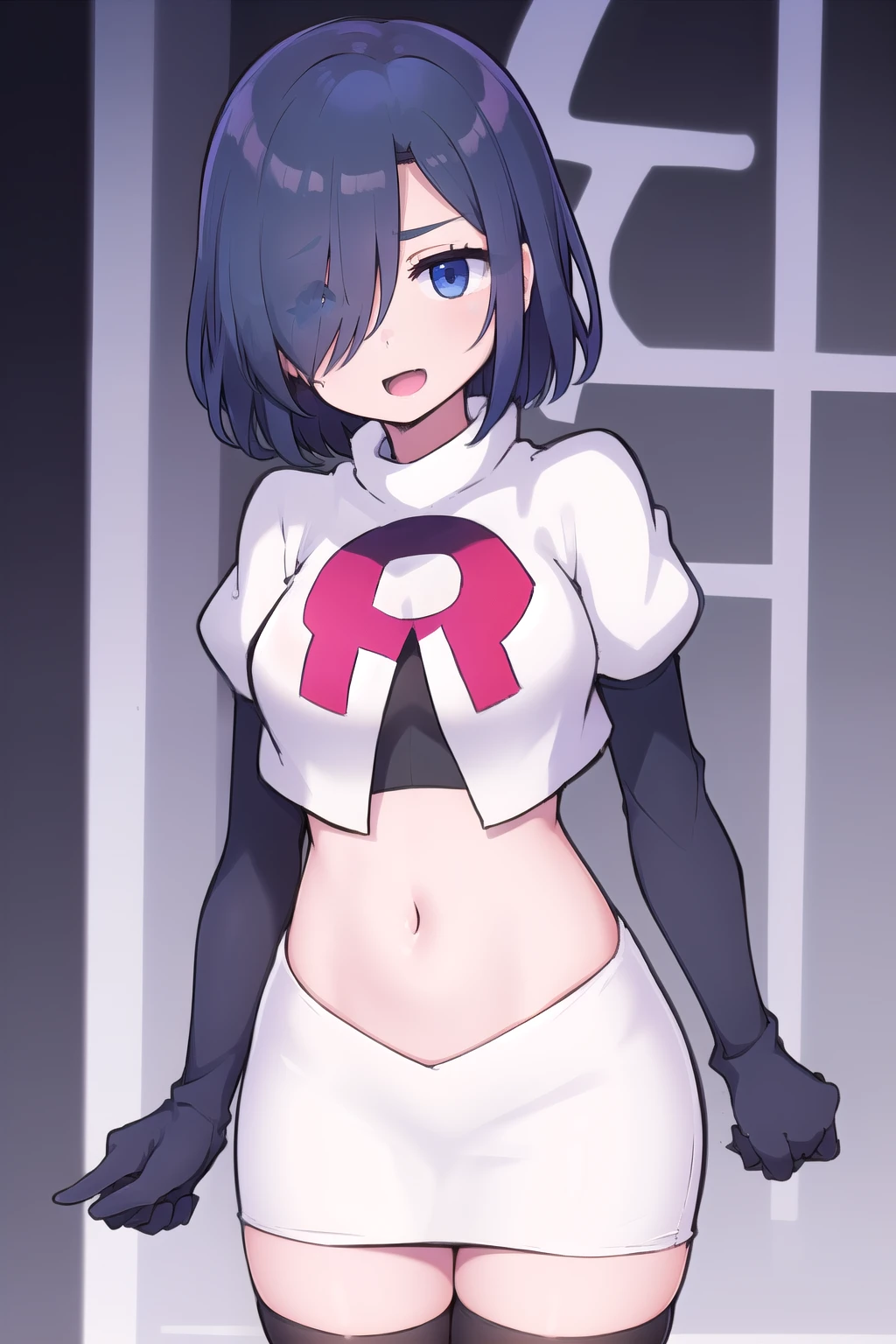 1girl, kirishima touka, blue hair, hair over one eye, blue eyes, team rocket,team rocket uniform,white skirt,red letter R,crop top,black thigh-highs,black elbow gloves