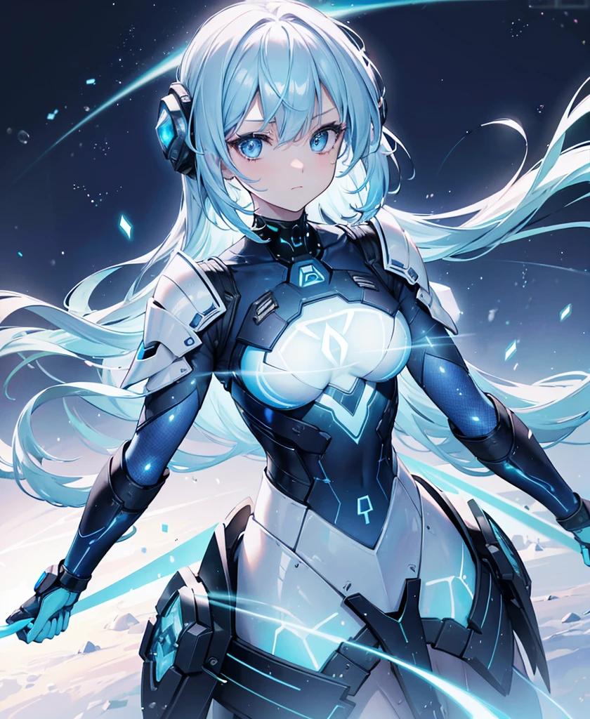 ((Holographic glow effect)),8k, Highest quality, (real:1.4), Original photo, 1 girl, Asari Hair, Biological Amplifier, refined armor, posture: Peace talks between warring factions, smart blue eyes,whole body,Vortex of Light,Band of Light,Wind of Light