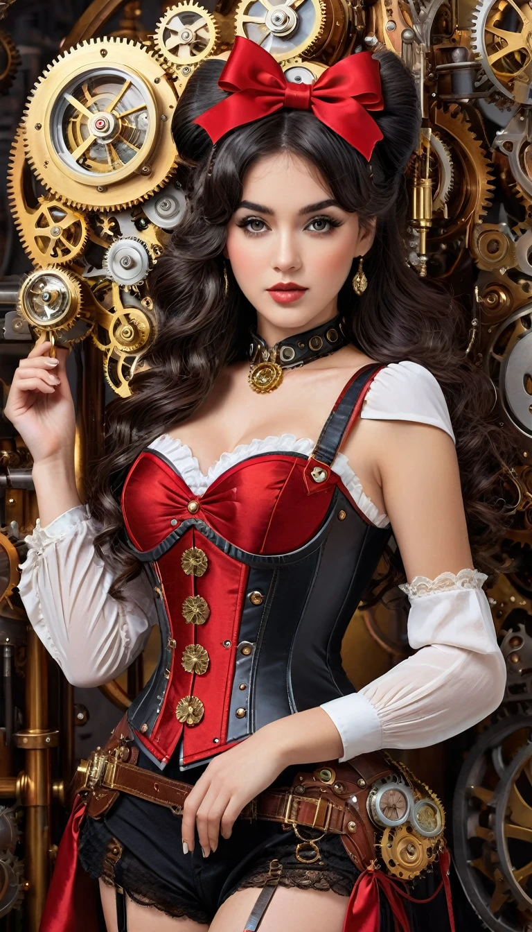 A highly detailed steampunk-themed illustration of a young woman with a vintage, pin-up style appearance. She has curly black hair styled with a large red bow and is dressed in a revealing corset with red and white accents, adorned with various steampunk gears and accessories. She is holding a small, intricate steampunk device in her gloved hand. Her large eyes and rosy cheeks give her a doll-like appearance. The background features a complex array of clockwork mechanisms, vintage machinery, and glowing elements, contributing to the rich steampunk aesthetic. The overall color scheme includes metallic golds, rich reds, and contrasting white, enhancing the retro-futuristic style.