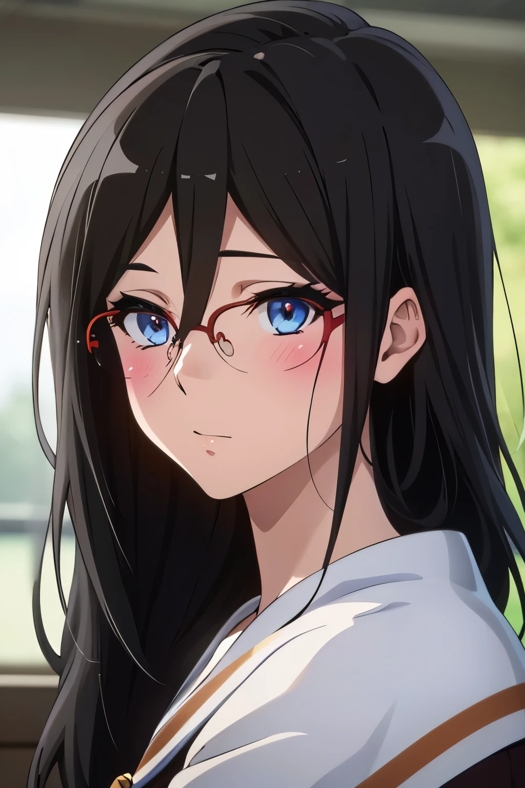 คุณภาพดีatสุด, Masterpiece, high res, alone, {Thanaka_Asuka_euphonium sound:1.15} (park:1.13), , black_hair, long_hair, glasses, light blue_eyes, Blush, red frame_glasses, Seraph, beyond the edge_glasses, semi borderless_glasses, hair_between_eyes, 1 girl, (School uniform_brown:1.2), look_at_viewer, เดินไปในpark, 