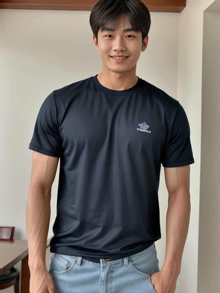 独奏: 1.5, (As a matter of fact, Masterpiece, 8k HD, good light quality, sportswear, fit the face, complicated details), A handsome, muscular young Korean man sits at a table, with muscular arms. , 20 years old, be happy, detailed face, delicate eyes, look at the sky, Wear a tight blue t-shirt.:1.6 , jeans period, black eyes, Black hair color, ผมsmooth, smooth，Surreal，Superb details，Highest quality，real，Open your mouth to talk. , Close your eyes., (standing in the football field:1.1)