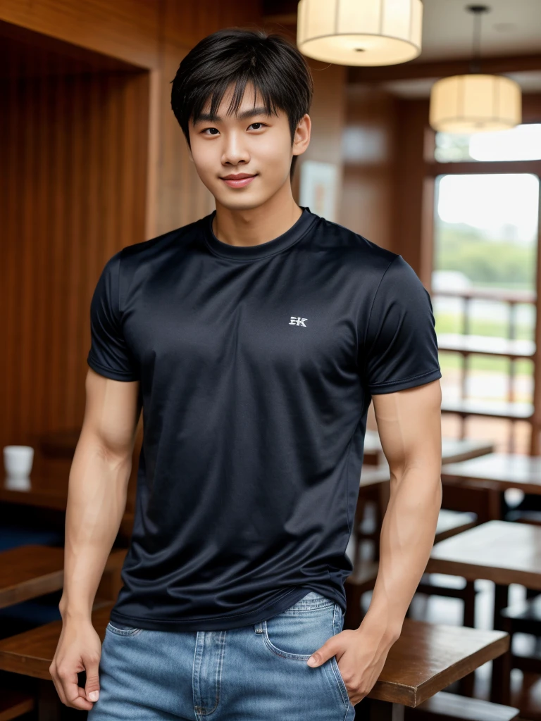 独奏: 1.5, (As a matter of fact, Masterpiece, 8k HD, good light quality, sportswear, fit the face, complicated details), A handsome Korean young man with muscular arms. , 20 years old, be happy, smile brightly, detailed face, delicate eyes, look at the sky, Wear a navy tight T-shirt.:1.6 , jeans period, black eyes, Black hair color, ผมsmooth, smooth,Surreal,Superb details,Highest quality,real,Open your mouth to talk. , Close your eyes., (Standing in a Thai restaurant, a football field:1.1)