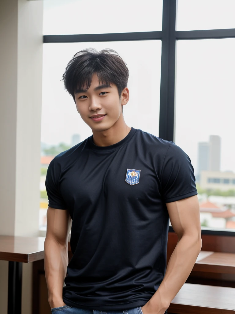 独奏: 1.5, (As a matter of fact, Masterpiece, 8k HD, good light quality, sportswear, fit the face, complicated details), A handsome Korean young man with muscular arms. , 20 years old, be happy, smile brightly, detailed face, delicate eyes, look at the sky, Wear a navy tight T-shirt.:1.6 , jeans period, black eyes, Black hair color, ผมsmooth, smooth，Surreal，Superb details，Highest quality，real，Open your mouth to talk. , Close your eyes., (Standing in a Thai restaurant, a football field:1.1)