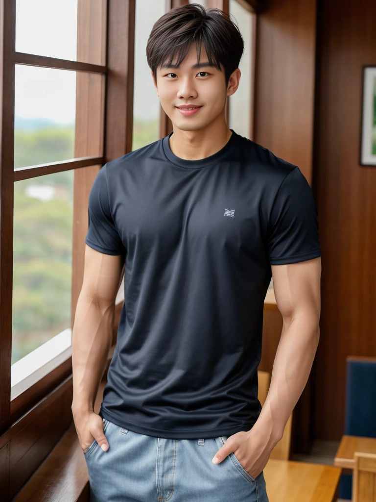 独奏: 1.5, (As a matter of fact, Masterpiece, 8k HD, good light quality, sportswear, fit the face, complicated details), A handsome Korean young man with muscular arms. , 20 years old, be happy, smile brightly, detailed face, delicate eyes, look at the sky, Wear a navy tight T-shirt.:1.6 , jeans period, black eyes, Black hair color, ผมsmooth, smooth，Surreal，Superb details，Highest quality，real，Open your mouth to talk. , Close your eyes., (Standing in a Thai restaurant, a football field:1.1)