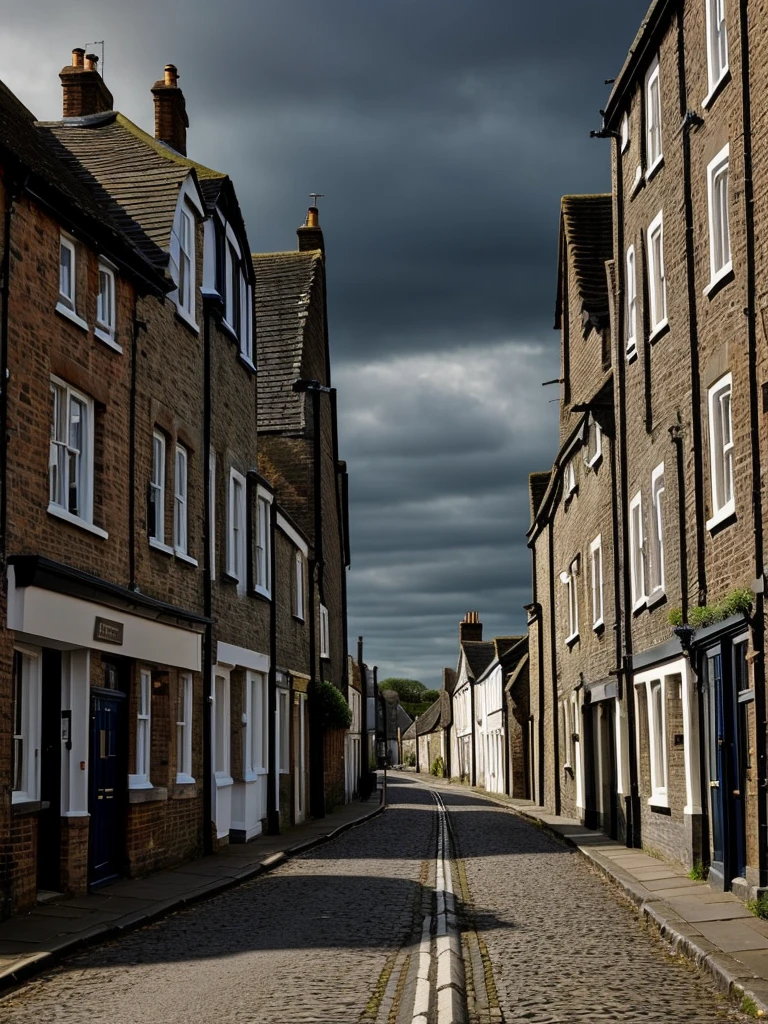 The streets of a small town in England, which is almost in ruins, with gray and dark tones, it's raining