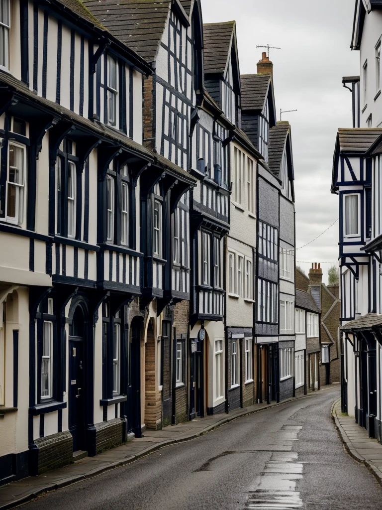 The streets of a small town in England, which is almost in ruins, with gray and dark tones, it's raining