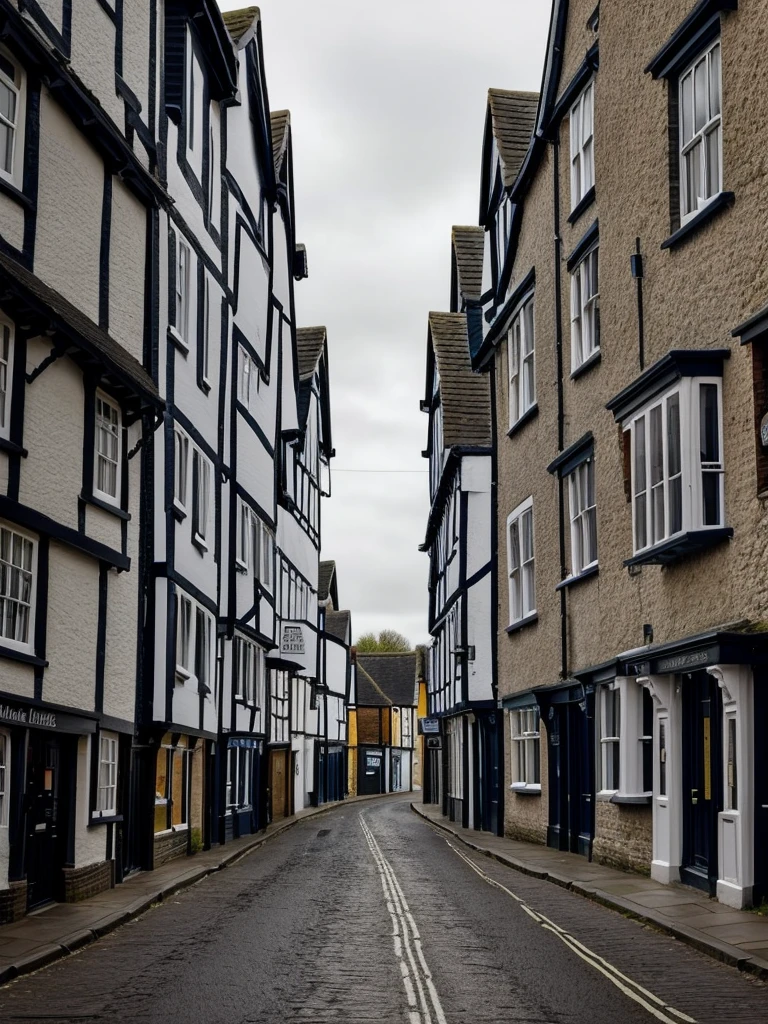 The streets of a small town in England, which is almost in ruins, with gray and dark tones, it's raining