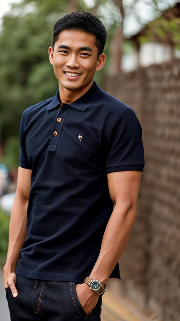 Thai man ,man,He is about 30 years old..,Rough and handsome appearance,large breastsj,Big waistline,buzz cut, angry, sullen, best quality, Masterpiece,(Have muscles:4.5),(best quality,high resolution,Masterpiece:1.2),The eyes are natural and delicate..,1 person,alone,gay asian,muscle,Long legs,brave,short hair details,conjunctivitis ,strong,brown eyes, (outdoor background road :1.5),in the market,sit (dark blue polo shirt:1.3),Jeans ,smile