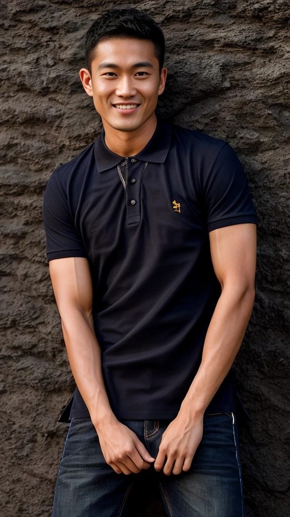 Thai man ,man,He is about 30 years old..,Rough and handsome appearance,large breastsj,Big waistline,buzz cut, angry, sullen, best quality, Masterpiece,(Have muscles:4.5),(best quality,high resolution,Masterpiece:1.2),The eyes are natural and delicate..,1 person,alone,gay asian,muscle,Long legs,brave,short hair details,conjunctivitis ,strong,brown eyes, (outdoor background road :1.5),in the market,sit (dark blue polo shirt:1.3),Jeans ,smile