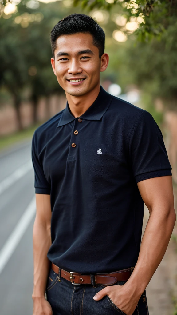 Thai man ,man，He is about 30 years old..，Rough and handsome appearance，large breastsj，Big waistline，buzz cut, angry, sullen, best quality, Masterpiece，（Have muscles：4.5），(best quality,high resolution,Masterpiece:1.2),The eyes are natural and delicate..,1 person,alone,gay asian,muscle,Long legs,brave,short hair details,conjunctivitis ,strong,brown eyes, (outdoor background road :1.5)，in the market，sit (dark blue polo shirt:1.3),Jeans ,smile