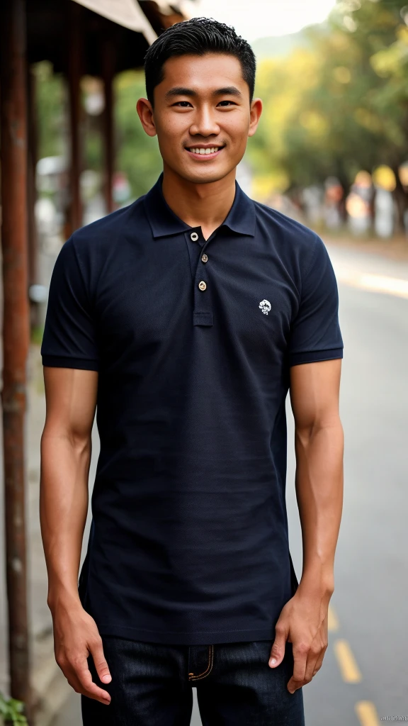 Thai man ,man,He is about 30 years old..,Rough and handsome appearance,large breastsj,Big waistline,buzz cut, angry, sullen, best quality, Masterpiece,(Have muscles:4.5),(best quality,high resolution,Masterpiece:1.2),The eyes are natural and delicate..,1 person,alone,gay asian,muscle,Long legs,brave,short hair details,conjunctivitis ,strong,brown eyes, (outdoor background road :1.5),in the market,sit (dark blue polo shirt:1.3),Jeans ,smile