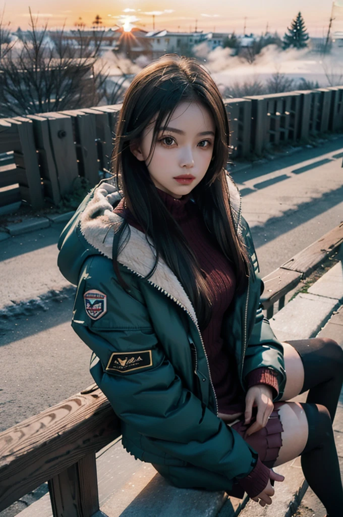 (1girl, young beauty, winter jacket, thighhighs), sitting, from above, sharp focus,
,((sunset)),volumetric fog, outdoors,