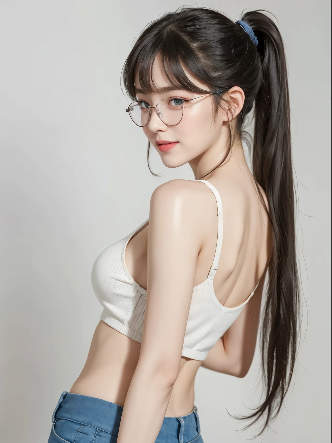 (Best quality, masterpiece, detailed), (RAW, 4k, hd images), shy, 1 girl, , white skin, long hair, ponytail, layers hair, bangs, black hair, beautiful girl, cute girl, sweet girl, pretty girl, perfect girl, pretty eyes, blue eyes, thin lips, thin, eye line, perfect round breast, glasses(detailed frame), simple background, smile, waist, thigh, tanktop, short pants, back side angle capture, half body, potrait, side breast, 
