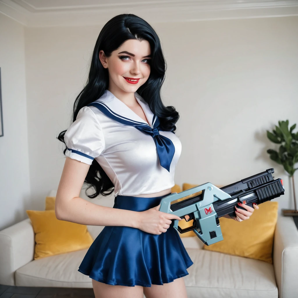 a happy woman in a satin sailor outfit standing in a living room, using both hands to hold an M41A pulse Rifle , in style of artgerm, moon shining, cosplay, a sexy warrior, long wavy black hair, trevor brown style, award - winning photo, lunar cycles, photo realistic, 8k vibrant colors