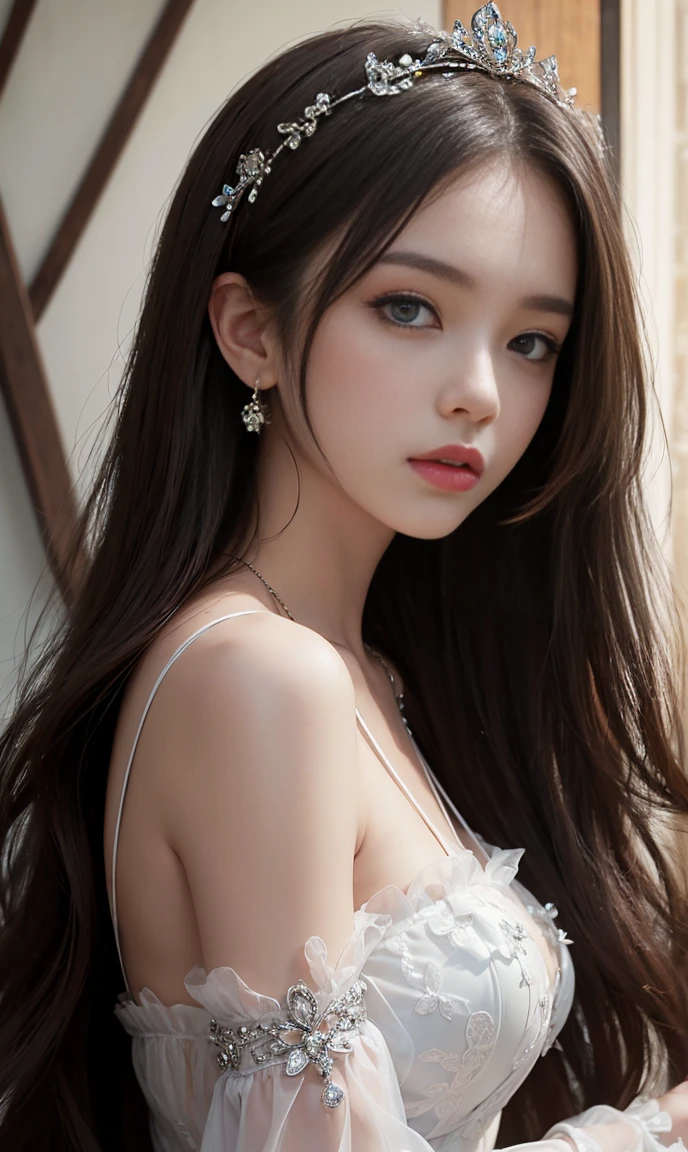 (best quality, masterpiece, Ultra-high resolution), whole body、Show your shoulders、Amazon Queen&#39;s Transparent Dress、Professional photography work:1.4, Very detailedな肌と顔の質感:1.3, Cultivating lighting effects, Very detailed, Model body type、beautiful girl、Beautiful appearance:0.8 necklaces、Looking at the audience、Catchy eyes、  (Delicate face:1,5),  (beautiful eyes:1.5)、belly button、thigh、Looking Back、(Shotgun, Beautiful back)、Lift your butt、Stick out your ass，High waist and high fork