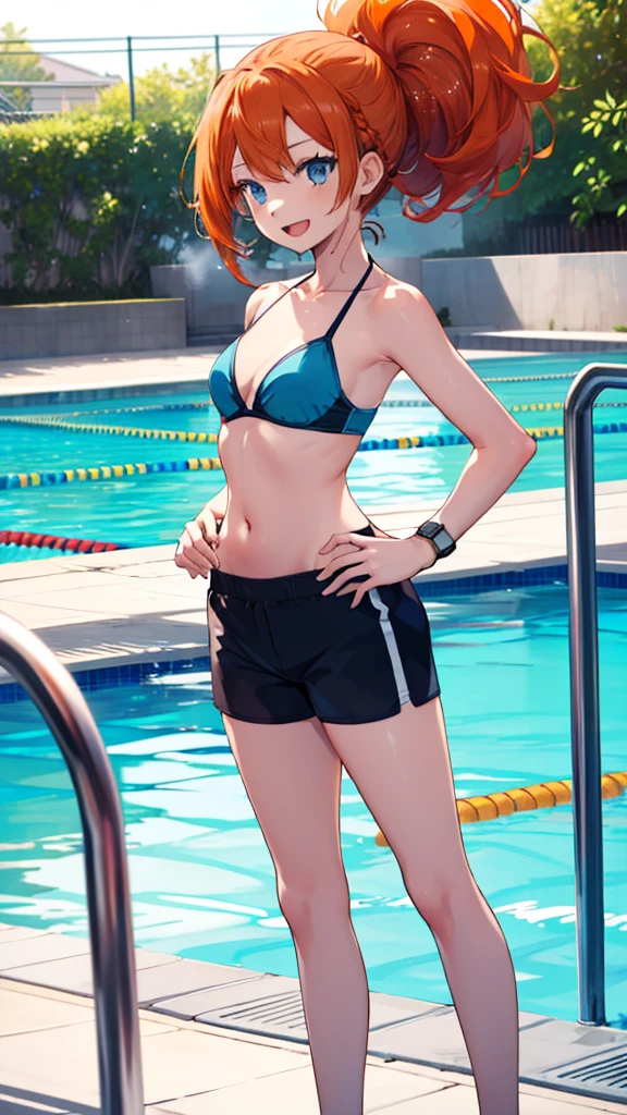 1 girl, masterpiece, best quality, highres, ro1, Misty from pokemon, hair bun, blue eyes, bikini top, blue bicycle shorts, small ponytail on the side, wristwatch, standing, hand on hip, smile, open mouth, (sparkle:1.1), orange hair, medium breasts, 3/4 body view, outdoors, swimming pool