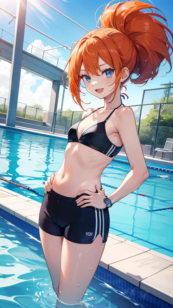 1 girl, masterpiece, best quality, highres, ro1, Misty from pokemon, hair bun, blue eyes, bikini top, blue bicycle shorts, small ponytail on the side, wristwatch, standing, hand on hip, smile, open mouth, (sparkle:1.1), orange hair, medium breasts, 3/4 body view, outdoors, swimming pool