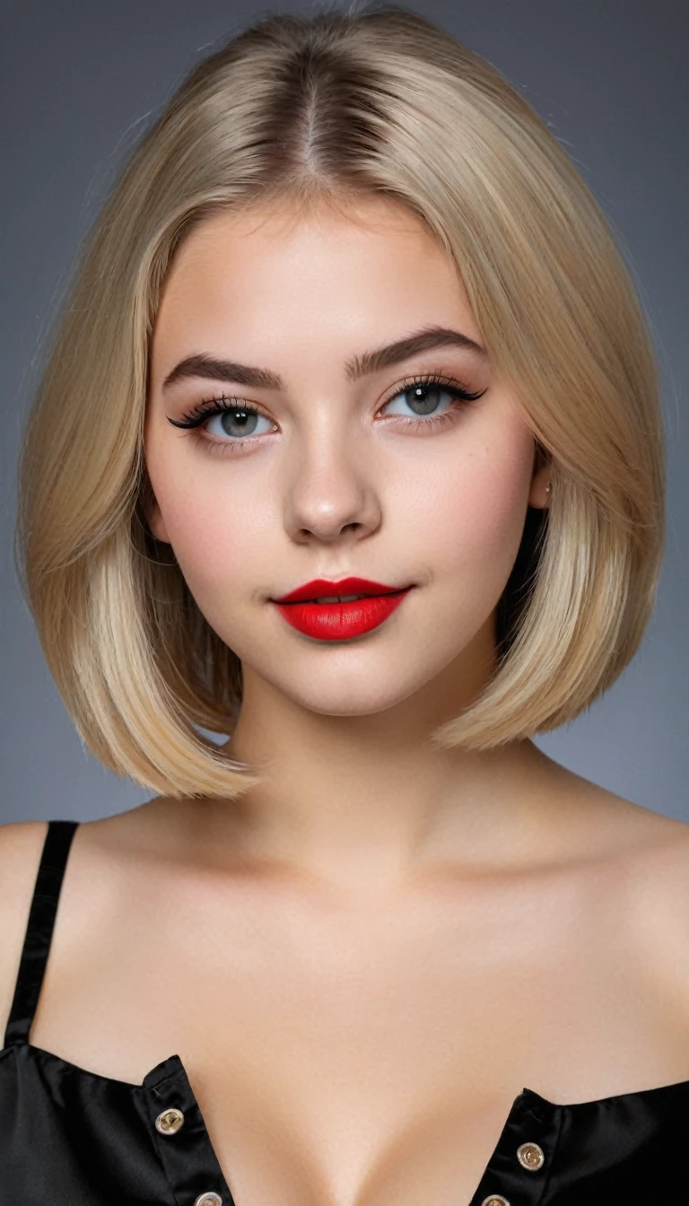 ultrarealistic high quality mugshot photo of a beautiful busty european 18-year-old teen girl with cute hyperdetailed shy happy face and shoulder length platin-blonde classic bob and long legs, realistic round eyes, red lipgloss, decent makeup with eyeliner, wearing black button-up satin blouse, cleavage, hourglass body, indoor office photography