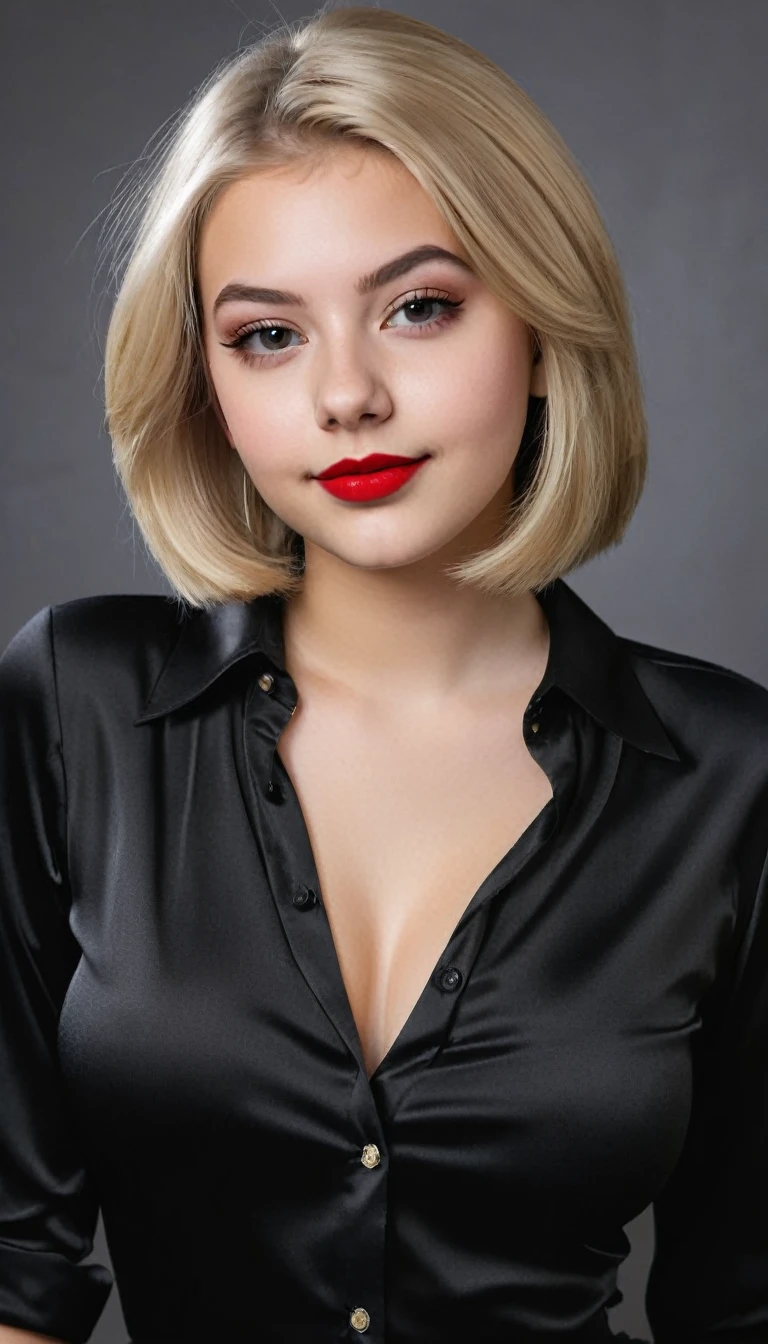 ultrarealistic high quality mugshot photo of a beautiful busty european 18-year-old teen girl with cute hyperdetailed shy happy face and shoulder length platin-blonde classic bob and long legs, realistic round eyes, red lipgloss, decent makeup with eyeliner, wearing black button-up satin blouse, cleavage, hourglass body, indoor office photography