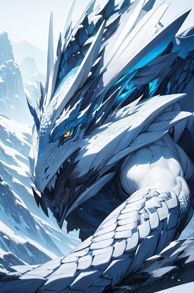A large dragon, sharp and resistant scales, blue and white color palette, on a snowy mountain, great wings, eye white
