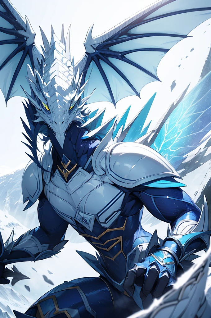 A large dragon, sharp and resistant scales, blue and white color palette, on a snowy mountain, great wings, eye white