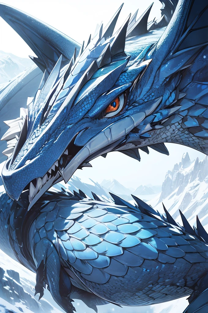 A large dragon, sharp and resistant scales, blue and white color palette, on a snowy mountain, great wings, eye white
