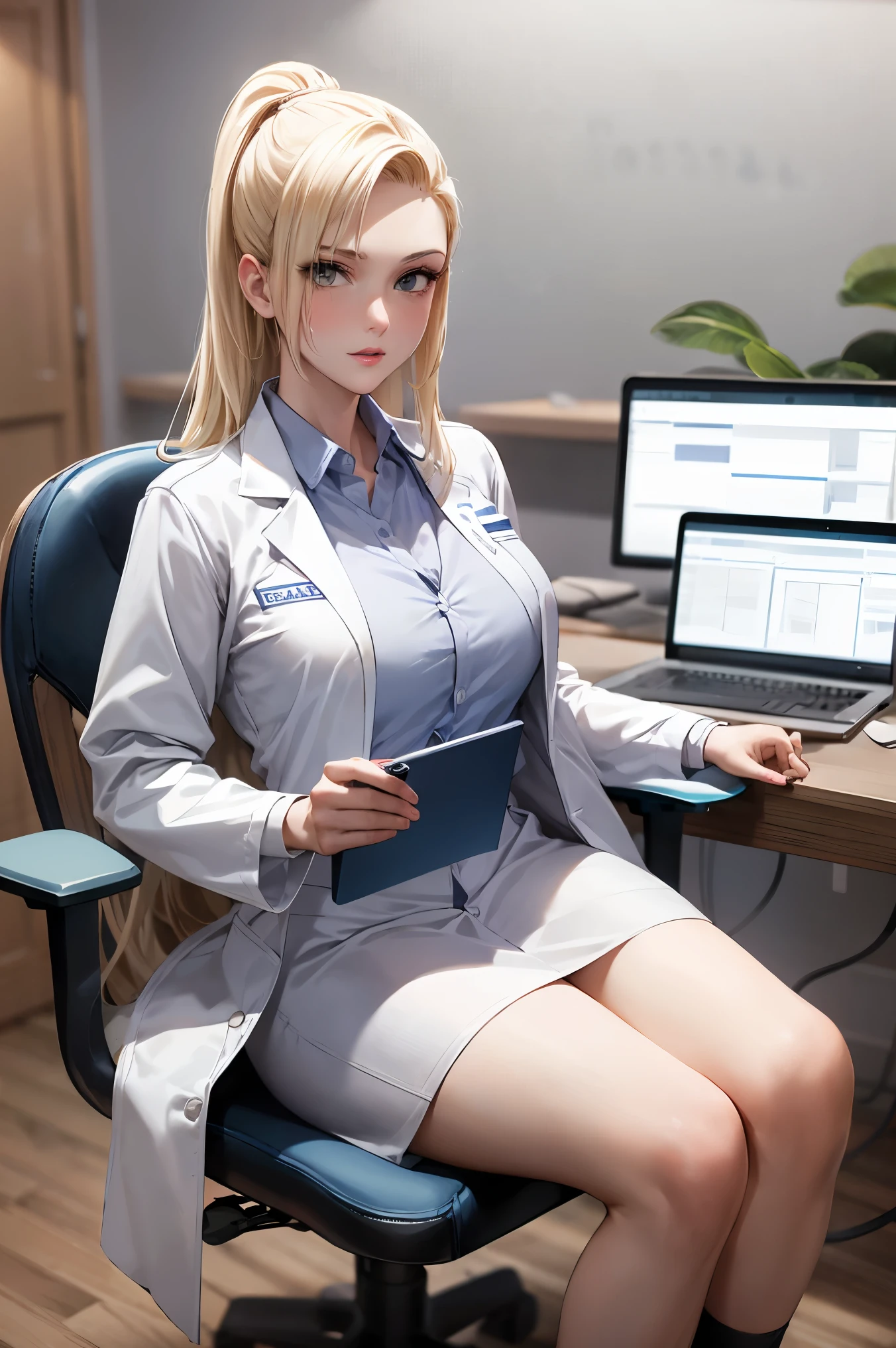 arafed woman in white coat sitting on a bench in a hospital, doctor, wearing lab coat and a blouse, portrait of a nurse on a stool, (doctor), medical photography, healthcare worker, medical doctor, wearing a white lab coat, wearing a white hospital gown, white coat, dressed in an old white coat, nurse girl, wearing lab coat, yamanaka ino, long blonde hair, bangs,