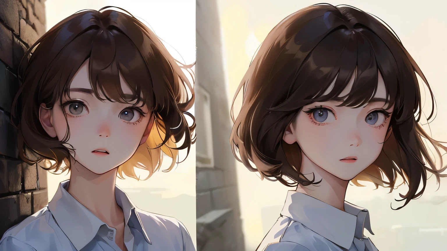 ((Evening alley background))、((()))、(((A little surprised expression)))、((1 person)),Masterpiece,best quality, ((Backlight))),Sandals ,((White shirt))、(()),determined expression, Upper body diagram、 (Highest Resolution、Clear_image)、Best Quality、Light and shadow contrast、((Backlight))、Very detailed、Semi-realistic、Short Hair Styles、Brown Hair、bangs、19 years old、 Young lady,,young、((View from top))、Delicate Facial Features