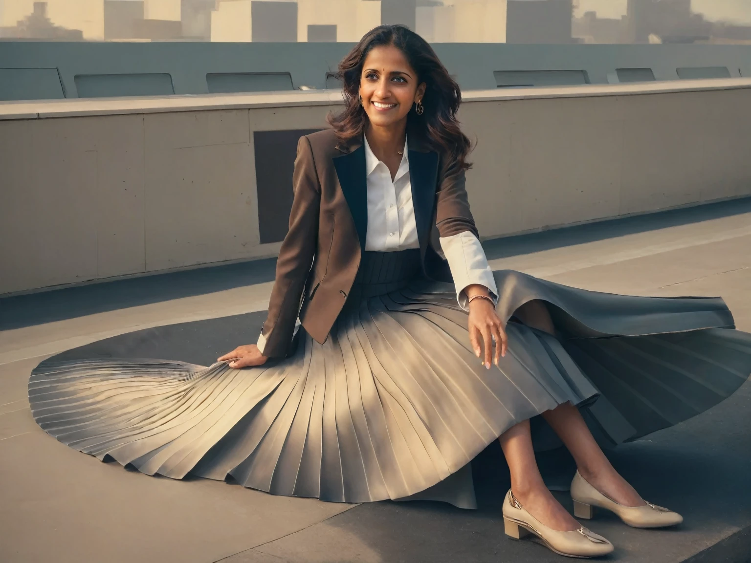 Naga Munchetty, A smiling, authentic, (shy:1,3), kind, beautiful woman, is passionately in love with her skirt, wind wildly lifts her skirt, wearing uniform jacket and very, very detailed (long (fully pleated) full circle skirt) and (low heeled court shoes), very, very intricate hyper-detailed symmetric (attractive graceful young feminine face) with (sad, tired eyes and a loving smile), very voluptuous breasts, full of empathy and compassion and love, (pronounced (feminine) features), (highly detailed ultra accurate realistic) hands and fingers, (windy), epic composition, highly detailed attributes, (35mm f1.4 Kodak portra 400 photograph), extremely high quality RAW photograph, highly detailed atmosphere, sci-fi, cinematic shot, dynamic lighting, 75mm, Technicolor, Panavision, cinemascope, sharp focus, fine details, 8k, HDR, realism, realistic, key visual, film still, superb cinematic color grading, depth of field