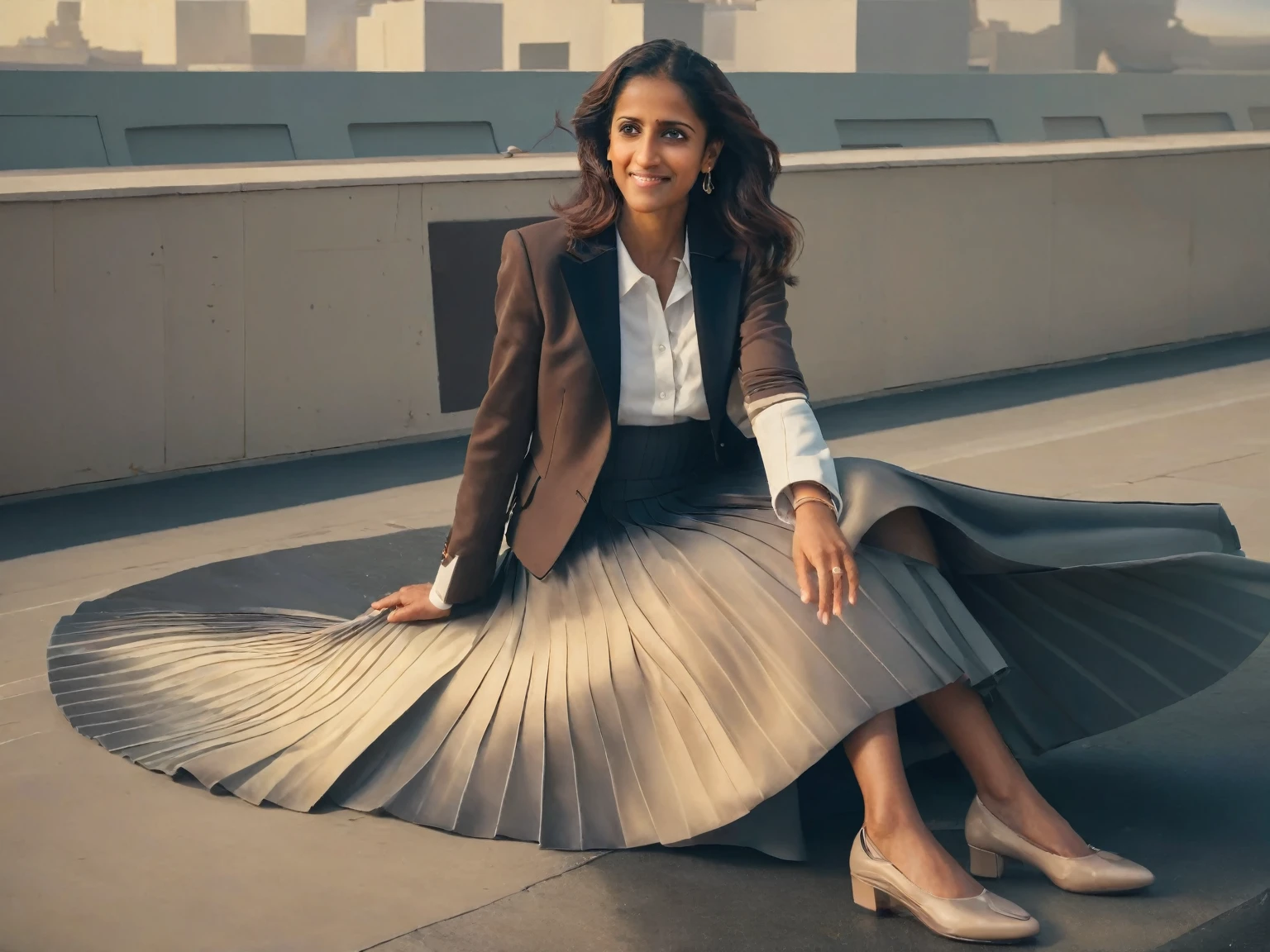 Naga Munchetty, A smiling, authentic, (shy:1,3), kind, beautiful woman, is passionately in love with her skirt, wind wildly lifts her skirt, wearing uniform jacket and very, very detailed (long (fully pleated) full circle skirt) and (low heeled court shoes), very, very intricate hyper-detailed symmetric (attractive graceful young feminine face) with (sad, tired eyes and a loving smile), very voluptuous breasts, full of empathy and compassion and love, (pronounced (feminine) features), (highly detailed ultra accurate realistic) hands and fingers, (windy), epic composition, highly detailed attributes, (35mm f1.4 Kodak portra 400 photograph), extremely high quality RAW photograph, highly detailed atmosphere, sci-fi, cinematic shot, dynamic lighting, 75mm, Technicolor, Panavision, cinemascope, sharp focus, fine details, 8k, HDR, realism, realistic, key visual, film still, superb cinematic color grading, depth of field