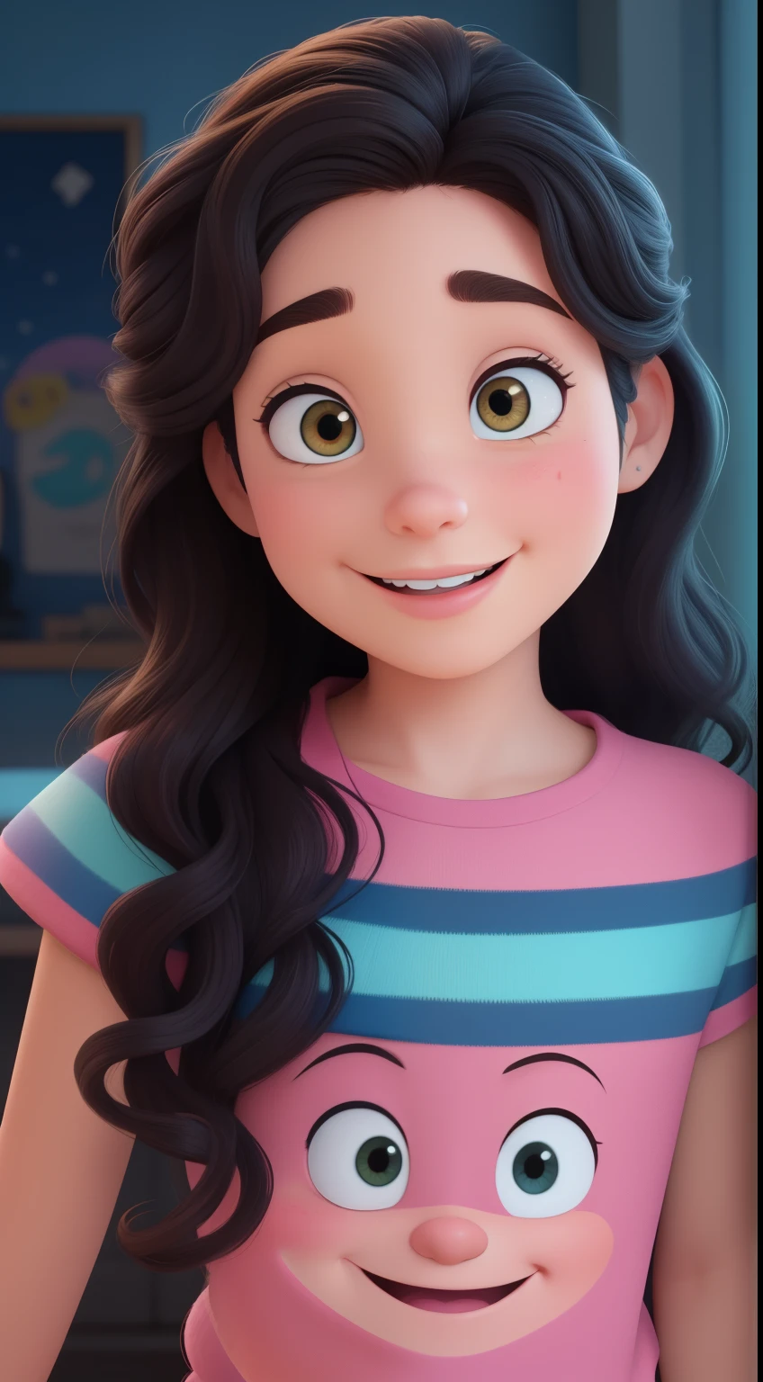 Create a Disney Pixar-style illustration based on the photo provided. The illustration must capture the essence of the character with the following characteristics:
Facial expression: Keep your smile happy and friendly, highlighting positive energy and friendliness.
eyeballs: grandes e expressivos, typical of the Pixar style, with a glow that reflects joy and kindness.
body hair: Play up long, wavy hair, adding a smooth, fluid touch characteristic of animations.
outfits: Include the tiffany blue t-shirt, maintaining Pixar's streamlined and vibrant style.
fund: A simple and soft background, that doesn't take the focus away from the character, but complement the color palette of the illustration.
Make sure the illustration maintains Disney Pixar's signature style, with soft strokes, vibrant colors and an overall feeling of warmth and joy.