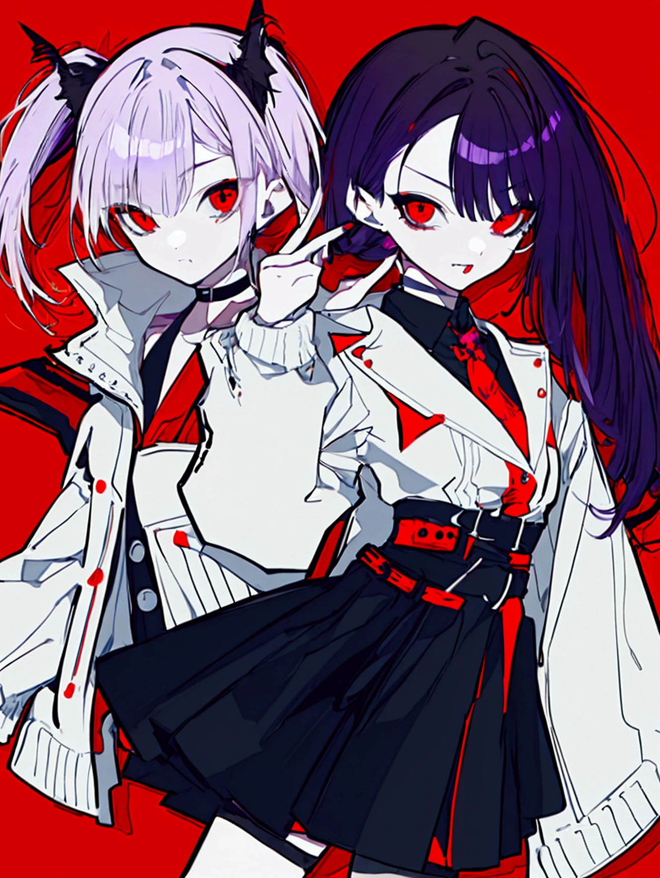 Hair: Purple hair styled into a high side ponytail on the right side with bat wing-like decorations. Eyes: Red eyes with glasses. Outfit: White jacket with black cuffs and collar, worn over an orange top. The character also has a red and black skirt with a unique design, featuring a red, crisscrossed flap on the left side, and black pants underneath. Accessories: A collar or choker around the neck. Expression: Neutral expression with a small fanged tooth visible, giving a hint of a vampiric or mischievous nature. The character has a distinct and stylish appearance, blending elements of casual and fantasy attire.
