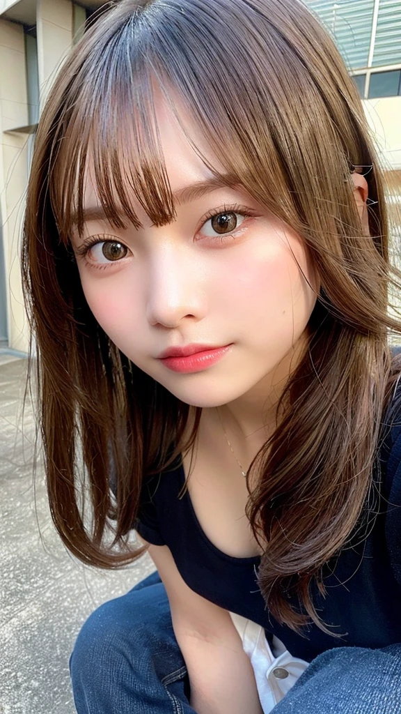 highest quality, shape, Very detailed, finely, High resolution, 8k wallpaper, Perfect dynamic shape, Beautiful and detailed, Summer clothes,Medium Hair,Natural color lip,smile,20-year-old girl、Midnight、Beautiful and elaborate face、Perfect and beautiful face、Slim face and figure,spread your arms wide,Big eyes,Take a photo with your face raised from below your knees、Small face、Beautifully detailed face、Perfect and beautiful double eyelids、Big cleavage、Long, Slender legs、One Woman、gravure、Skinny jeans、Watching the audience、runVery long hair, Blushing,