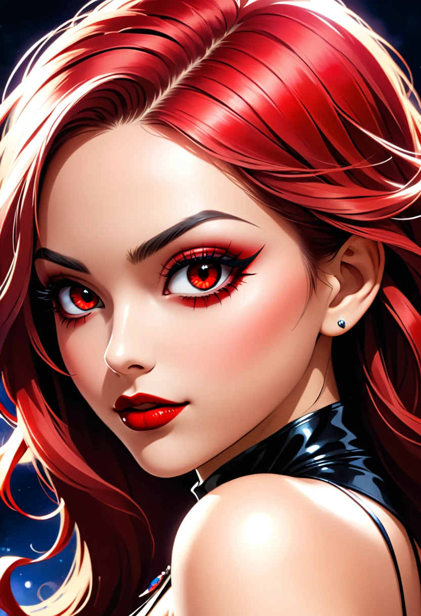 a portrait of vampire with a bloody tear coming down from he eye, an exotic beautiful female vampire, dynamic hair color, dynamic hair style, ultra detailed face, best detailed face, dynamic eye color, ((1single red teardrop, teardrop made of blood coming down from the eye: 1.3)), Ultra-high resolution, High Contrast, (masterpiece:1.5), highest quality, Best aesthetics), 16K fantasy art, best details, best quality, highres, (ultra wide angle: 1.2), 16k, [ultra detailed], masterpiece, best quality, (extremely detailed), ladyshadow, magical sky, crying style
