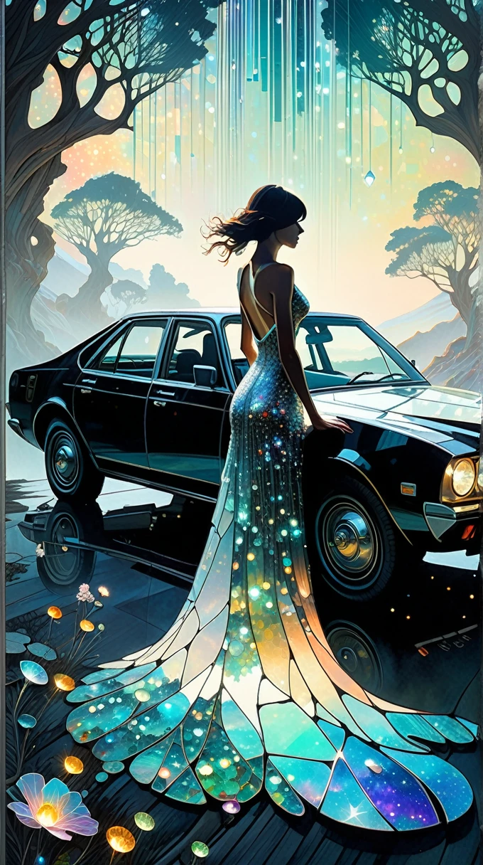 Futuristic utopia, Adventure, Aether, Kraken, Car, Nebula, Verdant, Canvas, Spontaneous Human Combustion, Voyage, Lovely, Grateful [:vintage cars:15], (Double exposure:1.3) photo of a noble lady made of mosaic of iridescent crystal glass with sub scattering mirror surface imposing onto transparent tree hollow trunk in living brocade underbust dress made out of flowers, bokeh sky by Peter Gric, Conrad Roset, Brandon Kidwell, Andreas Lie, Dan Mountford, Dan Witz, Agnes Cecile, Jeremy Mann, fine art, super dramatic moonshine, silhouette photo illustration, amazing depth, intricate detailed fine cracked surface, stunning atmosphere, mesmerizing whimsical vibrant scenery, complex masterwork by head of prompt engineering