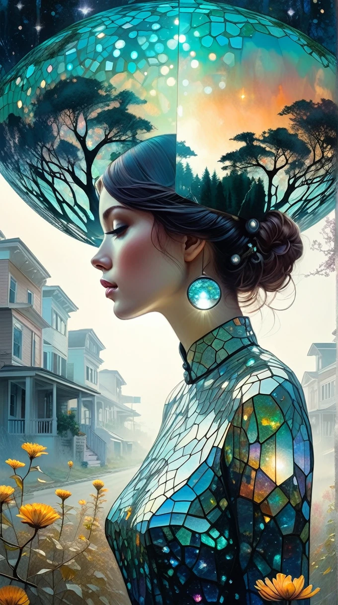 Futuristic utopia, Adventure, Aether, Kraken, Car, Nebula, Verdant, Canvas, Spontaneous Human Combustion, Voyage, Lovely, Grateful [:vintage cars:15], (Double exposure:1.3) photo of a noble lady made of mosaic of iridescent crystal glass with sub scattering mirror surface imposing onto transparent tree hollow trunk in living brocade underbust dress made out of flowers, bokeh sky by Peter Gric, Conrad Roset, Brandon Kidwell, Andreas Lie, Dan Mountford, Dan Witz, Agnes Cecile, Jeremy Mann, fine art, super dramatic moonshine, silhouette photo illustration, amazing depth, intricate detailed fine cracked surface, stunning atmosphere, mesmerizing whimsical vibrant scenery, complex masterwork by head of prompt engineering