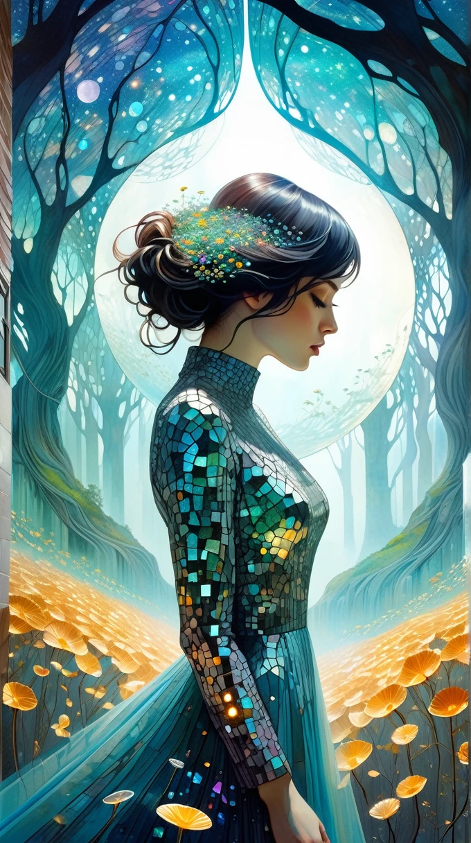 Futuristic utopia, Adventure, Aether, Kraken, Car, Nebula, Verdant, Canvas, Spontaneous Human Combustion, Voyage, Lovely, Grateful [:vintage cars:15], (Double exposure:1.3) photo of a noble lady made of mosaic of iridescent crystal glass with sub scattering mirror surface imposing onto transparent tree hollow trunk in living brocade underbust dress made out of flowers, bokeh sky by Peter Gric, Conrad Roset, Brandon Kidwell, Andreas Lie, Dan Mountford, Dan Witz, Agnes Cecile, Jeremy Mann, fine art, super dramatic moonshine, silhouette photo illustration, amazing depth, intricate detailed fine cracked surface, stunning atmosphere, mesmerizing whimsical vibrant scenery, complex masterwork by head of prompt engineering