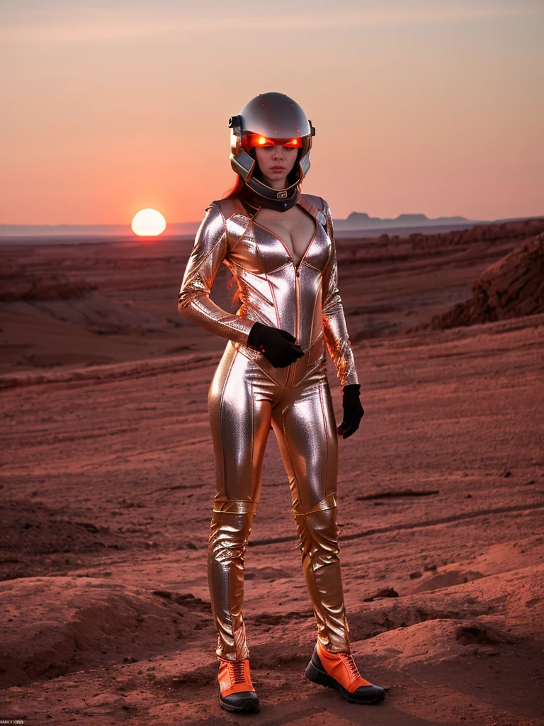 A photorealistic portrait of Marissa Mars, a 21-year-old Martian female, standing confidently with her hands on her hips. She sports long fiery red hair with holographic highlights that shimmer in changing colors under the Martian sunset. Her large, expressive eyes glow subtly, enhancing her striking features. She is dressed in a sleek, form-fitting Martian space suit adorned with luminescent lines and protective plating, complemented by a stylish, transparent helmet. Behind her, the dome-shaped Martian habitat offers a panoramic view of the rugged, rocky landscape under a sky painted in pink and orange hues. The image should capture the essence of a futuristic AI Instagram influencer, blending advanced technology with high fashion on the red planet, in 8k HDR, full body shot, high detailed, high quality. ((((Same costume)))),
medium size beautiful breast, (((Cleavage))),