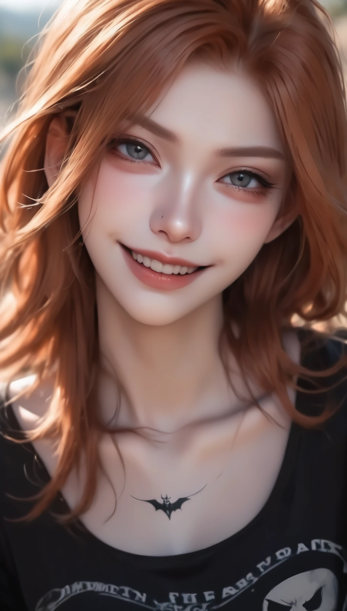 beautiful eyes, (Crop Top), (Black jeans), (full arm tattoo), illustration, (Shop Background) ((masterpiece)), (best quality), ((Very detailed)), Beautiful and delicate eyes, (vampire), ((Modern Landscape)), (Original, high resolution), Realityism, semi-Realityism, (Overexposure, illustration, Ambient Light), (Delicate and meticulous), (Very detailed), (light and shadow_symmetry:1.3), Smooth, (Perfect shadow), (Perfect Rendering), (Dynamic angle, Natural posture), ((Good anatomy)), (Smile), Evil chi, (Sweet ginger hair), (hair covering one eye), (Delicate face), ((Complex surface)), Smile, Depth of Field, Dynamic from above, light, (Reality), (Clear focus)