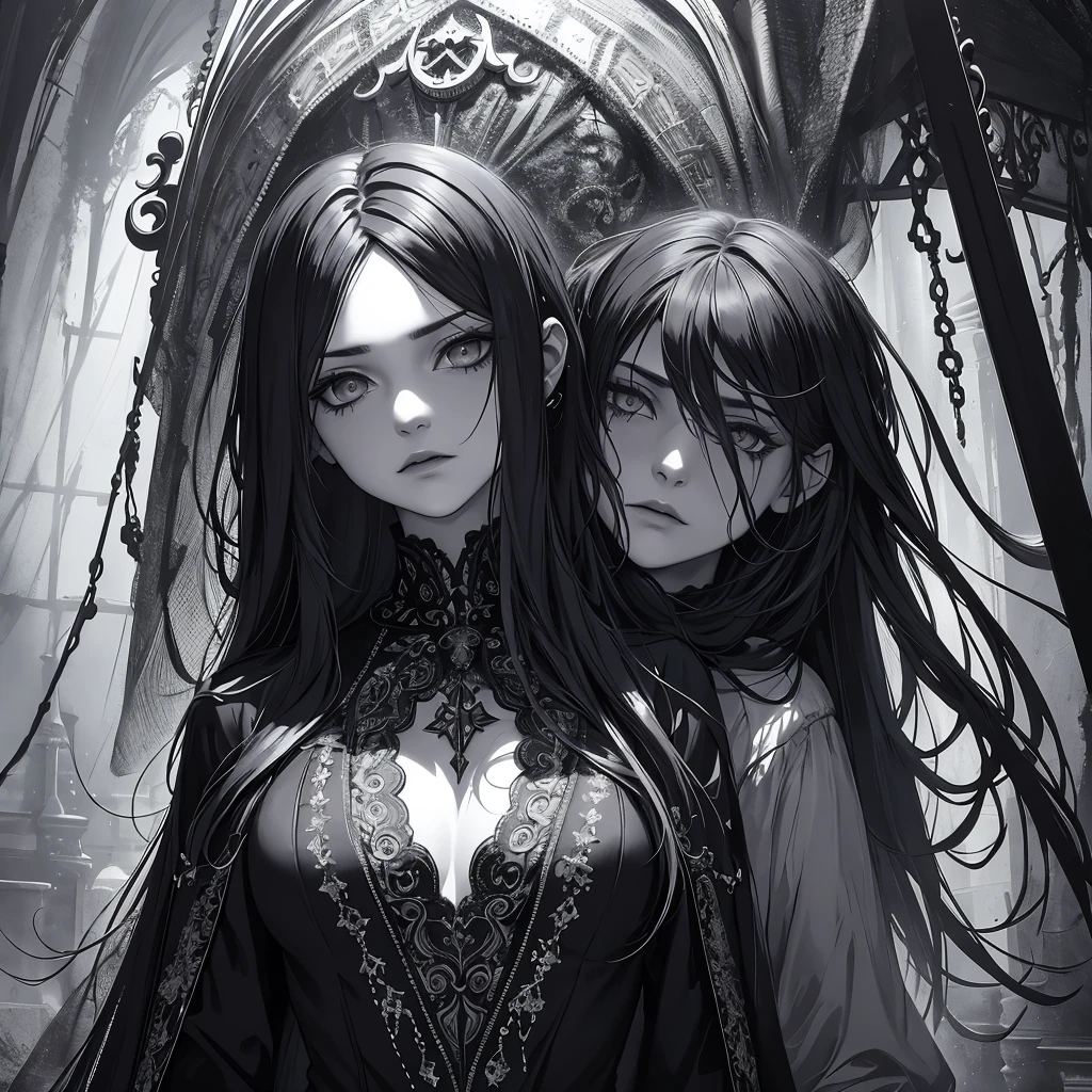 ionism, dark and moody, black and white, hauntingly beautiful, intricate details of characters' facial features, magical elements, eerie atmosphere, theatrical lighting, deep shadows, intense emotions, dramatic composition, mystical and surreal.Rose
